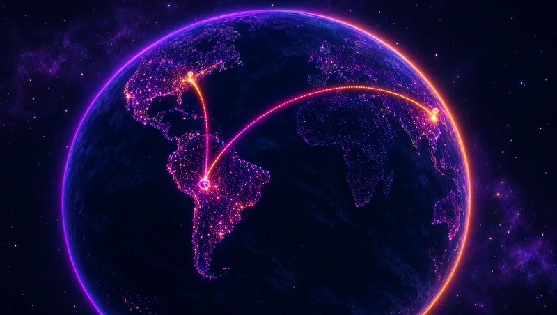 Globo terráqueo de noche con dos rutas que salen de Bolivia: una a Estados Unidos y otra a China