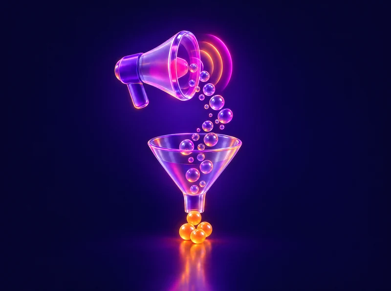 Ilustración 3D de un megáfono que llena un embudo de cristal con burbujas