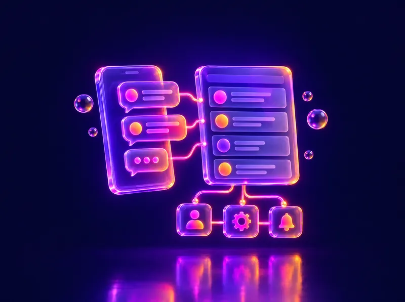 Ilustración 3D de un celular con globos de chat conectados a un panel de conversaciones y a un flujo automático