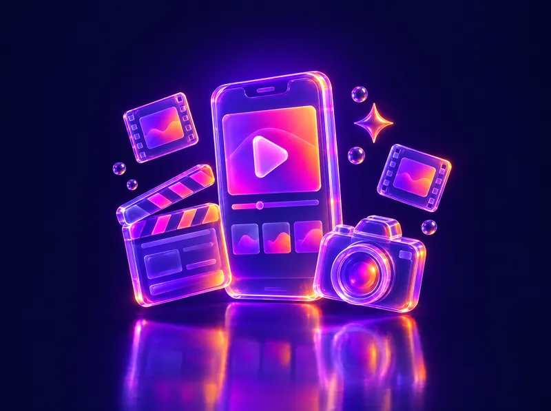 Ilustración 3D de un celular con un video, una claqueta y una cámara de vidrio