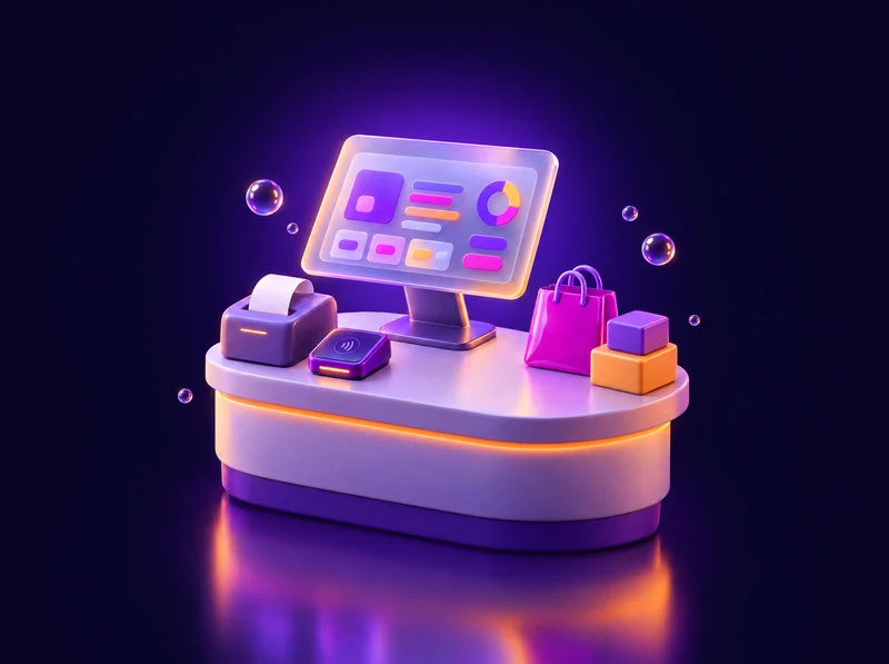 Ilustración 3D de un mostrador con una pantalla de ventas, impresora de tickets y lector de pagos
