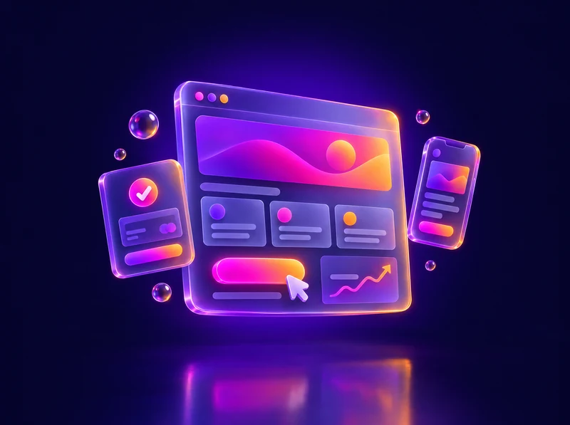 Ilustración 3D de una página web en vidrio con un botón y un gráfico que sube